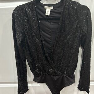 Black Sequin Bodysuit Top